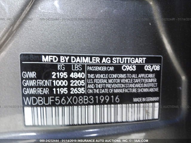 WDBUF56X08B319916 - 2008 MERCEDES-BENZ E 350 GRAY photo 9