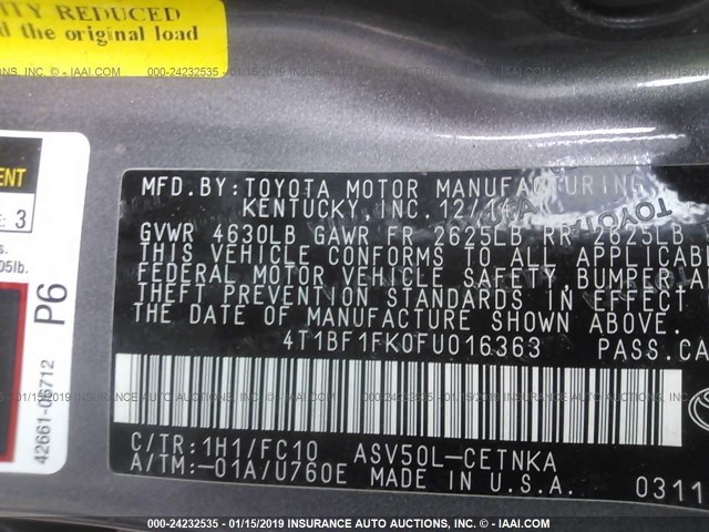 4T1BF1FK0FU016363 - 2015 TOYOTA CAMRY LE/XLE/SE/XSE GRAY photo 9