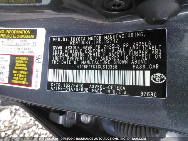 4T1BF1FK4CU619358 - 2012 TOYOTA CAMRY SE/LE/XLE ნაცრისფერი ფოტო 9