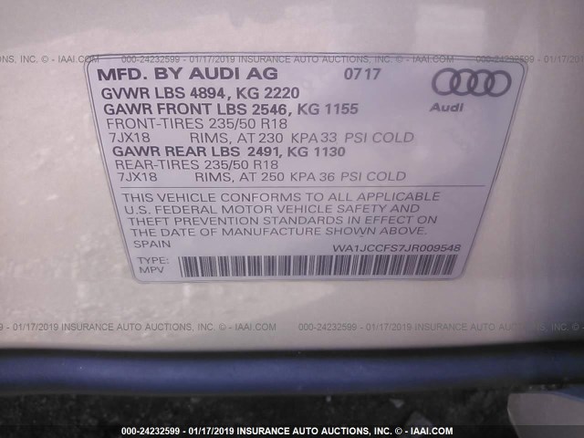 WA1JCCFS7JR009548 - 2018 AUDI Q3 PREMIUM PLUS SILVER photo 9