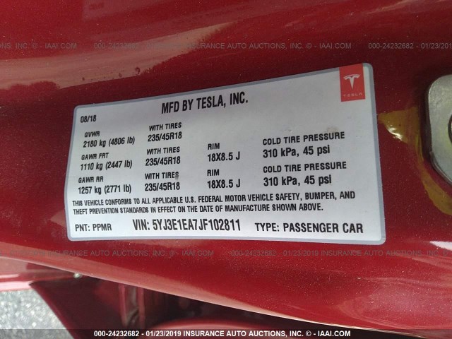 5YJ3E1EA7JF102811 - 2018 TESLA MODEL 3 წითელი ფოტო 9