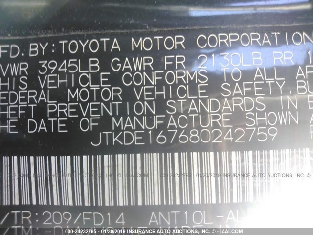 JTKDE167680242759 - 2008 TOYOTA SCION TC 黑色 照片 9