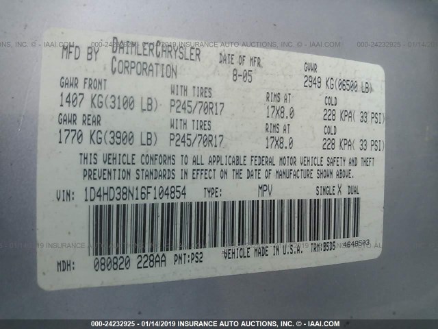 1D4HD38N16F104854 - 2006 DODGE DURANGO SXT GRAY photo 9