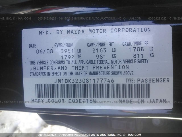 JM1BK323081177746 - 2008 MAZDA 3 S BLACK photo 9