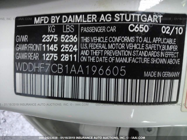 WDDHF7CB1AA196605 - 2010 MERCEDES-BENZ E 550 WHITE photo 9