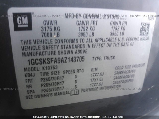 1GCSKSEA9AZ143705 - 2010 CHEVROLET SILVERADO K1500 LT GRAY photo 9