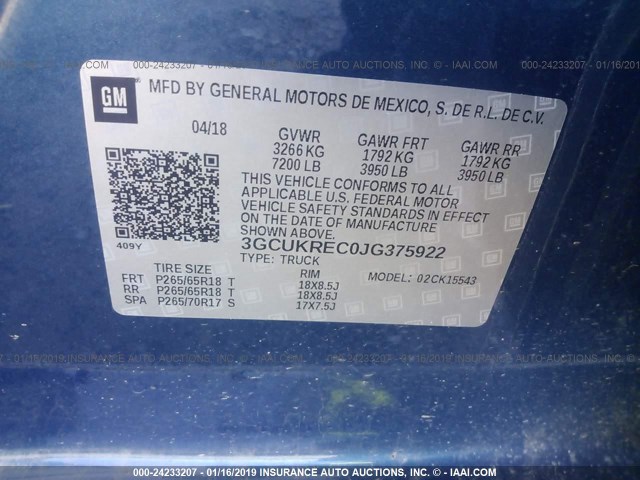 3GCUKREC0JG375922 - 2018 CHEVROLET SILVERADO K1500 LT Dark Blue photo 9