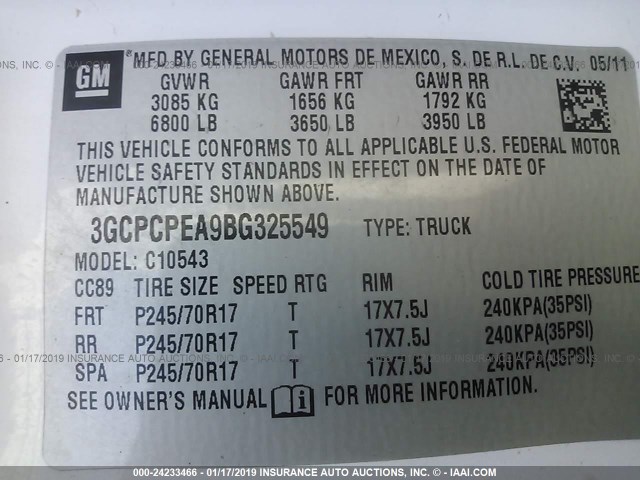 3GCPCPEA9BG325549 - 2011 CHEVROLET SILVERADO C1500 WHITE photo 9