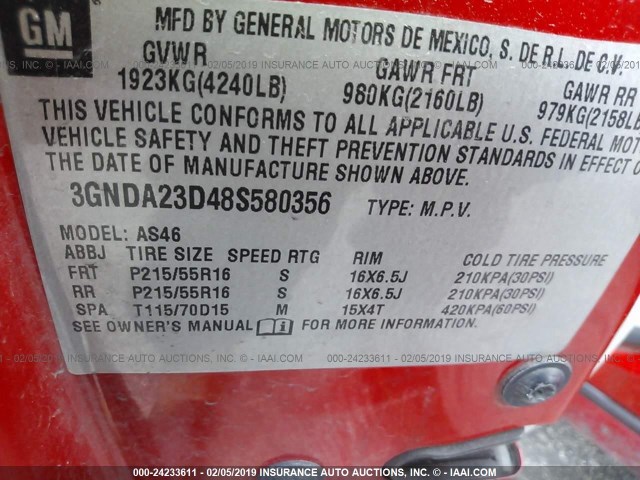 3GNDA23D48S580356 - 2008 CHEVROLET HHR LT RED photo 9