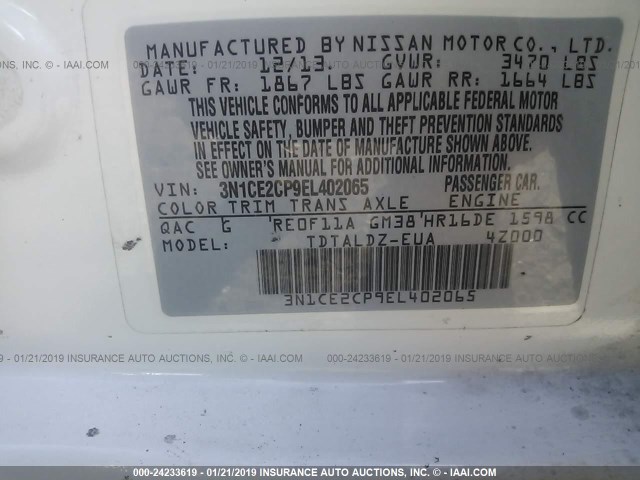 3N1CE2CP9EL402065 - 2014 NISSAN VERSA NOTE S/S PLUS/SV/SL WHITE photo 9