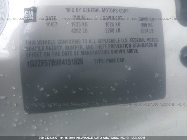 1G2ZF57B984151826 - 2008 PONTIAC G6 VALUE LEADER/BASE WHITE photo 9