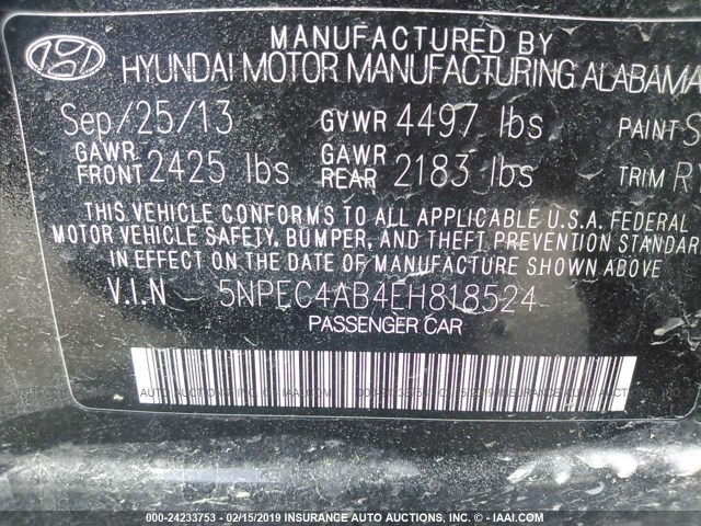 5NPEC4AB4EH818524 - 2014 HYUNDAI SONATA SE/LIMITED BLACK photo 9