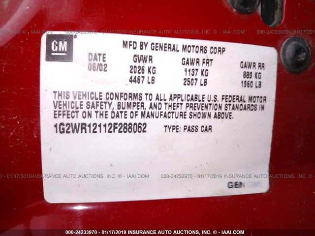 1G2WR12112F288062 - 2002 PONTIAC GRAND PRIX GTP RED photo 9