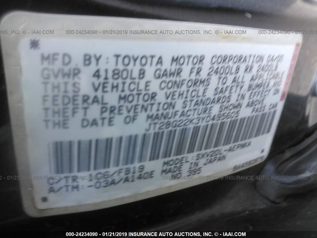 JT2BG22K3Y0495605 - 2000 TOYOTA CAMRY CE/LE/XLE GRAY photo 9