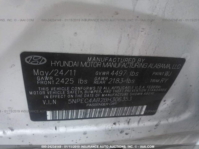 5NPEC4AB2BH306353 - 2011 HYUNDAI SONATA SE/LIMITED WHITE photo 9