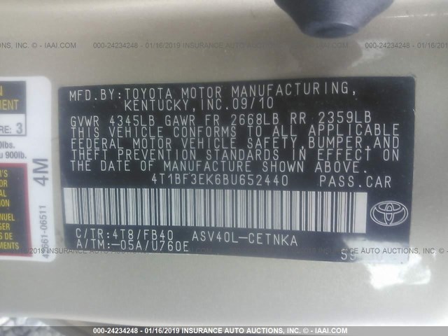 4T1BF3EK6BU652440 - 2011 TOYOTA CAMRY SE/LE/XLE 金色 照片 9