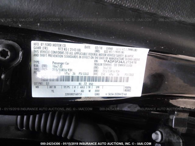 1FADP3F24JL272418 - 2018 FORD FOCUS BLACK photo 9