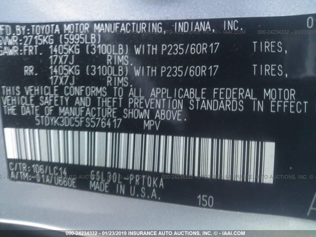 5TDYK3DC5FS576417 - 2015 TOYOTA SIENNA XLE/LIMITED GRAY photo 9