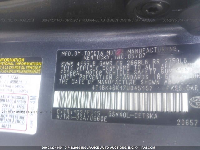 4T1BK46K17U045157 - 2007 TOYOTA CAMRY NEW GENERAT LE/XLE/SE GRAY photo 9