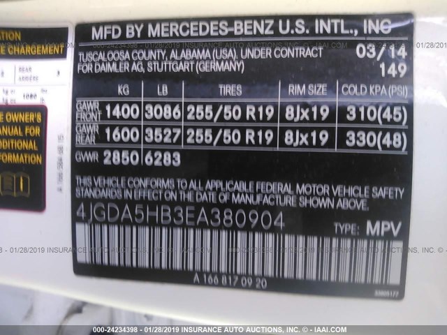 4JGDA5HB3EA380904 - 2014 MERCEDES-BENZ ML 350 4MATIC WHITE photo 9