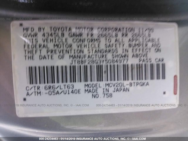 JT8BF28G3Y5084977 - 2000 LEXUS ES 300 SILVER photo 9