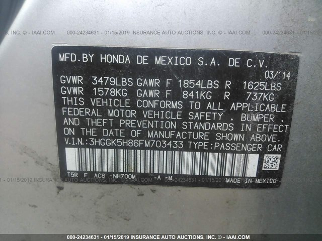 3HGGK5H86FM703433 - 2015 HONDA FIT EX/EXL SILVER photo 9