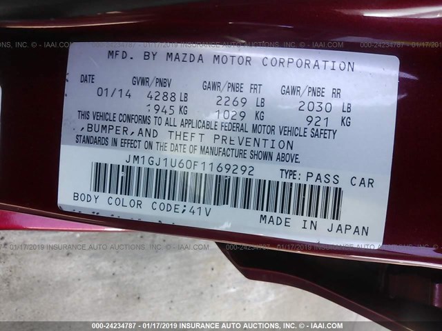 JM1GJ1U60F1169292 - 2015 MAZDA 6 SPORT RED photo 9