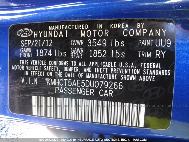 KMHCT5AE5DU079266 - 2013 HYUNDAI ACCENT GLS/GS BLUE photo 9