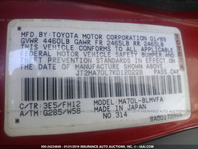 JT2MA70L7K0120228 - 1989 TOYOTA SUPRA RED photo 9