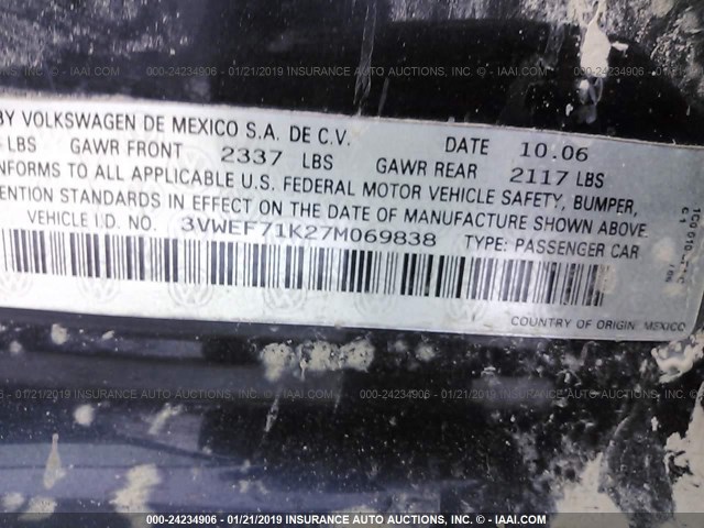 3VWEF71K27M069838 - 2007 VOLKSWAGEN JETTA WOLFSBURG 黑色 照片 9