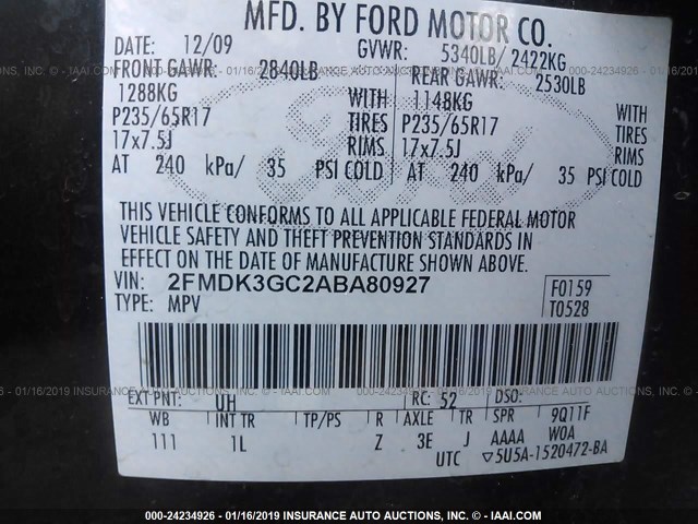 2FMDK3GC2ABA80927 - 2010 FORD EDGE SE BLACK photo 9