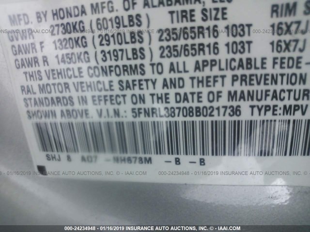 5FNRL38708B021736 - 2008 HONDA ODYSSEY EXL GRAY photo 9