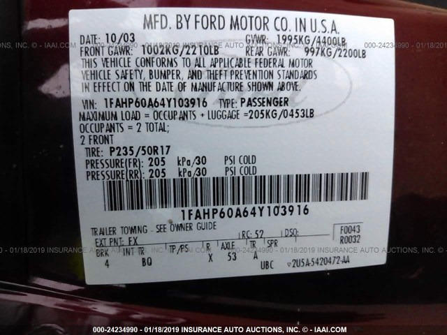 1FAHP60A64Y103916 - 2004 FORD THUNDERBIRD  BURGUNDY photo 9