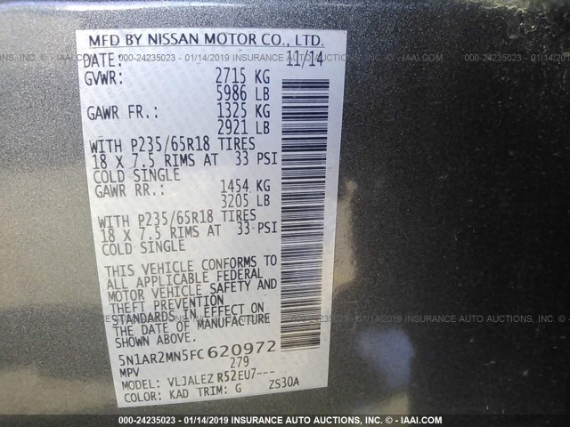 5N1AR2MN5FC620972 - 2015 NISSAN PATHFINDER S/SV/SL/PLATINUM GRAY photo 9