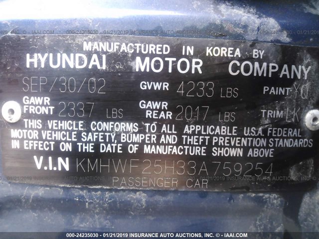 KMHWF25H33A759254 - 2003 HYUNDAI SONATA GL BLUE photo 9