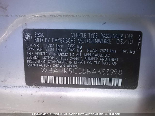 WBAPK5C55BA653978 - 2011 BMW 328 XI SULEV SILVER photo 9