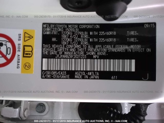 JTJYARBZXF2021223 - 2015 LEXUS NX 200T WHITE photo 9