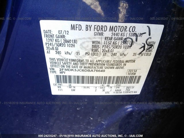 2FMDK3JC6DBA76649 - 2013 FORD EDGE SEL BLUE photo 9