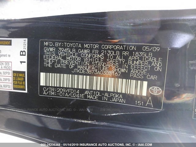 JTKDE3B73A0303167 - 2010 TOYOTA SCION TC 黑色 照片 9