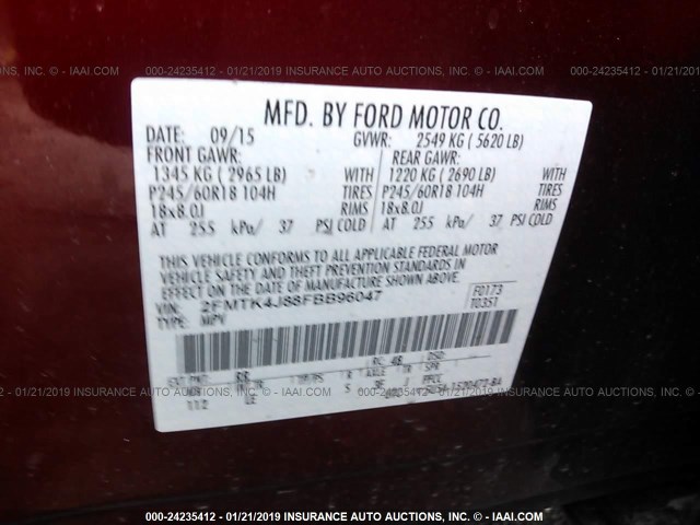 2FMTK4J88FBB96047 - 2015 FORD EDGE SEL MAROON photo 9