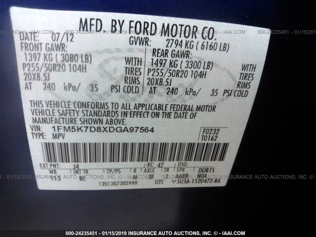 1FM5K7D8XDGA97564 - 2013 FORD EXPLORER XLT BLUE photo 9