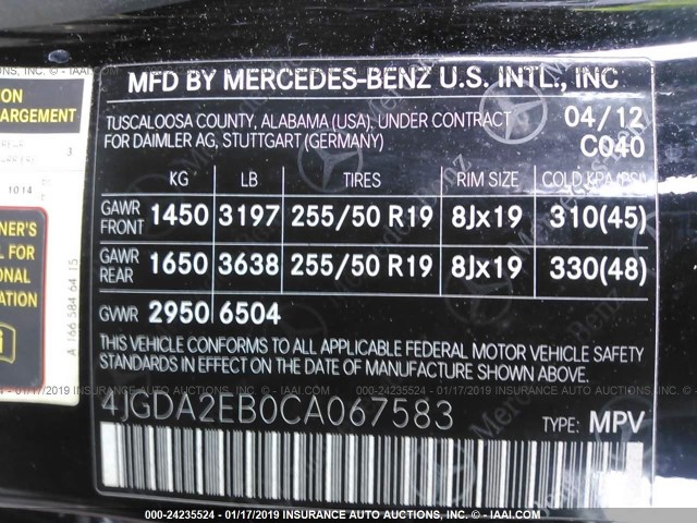 4JGDA2EB0CA067583 - 2012 MERCEDES-BENZ ML 350 BLUETEC BLACK photo 9