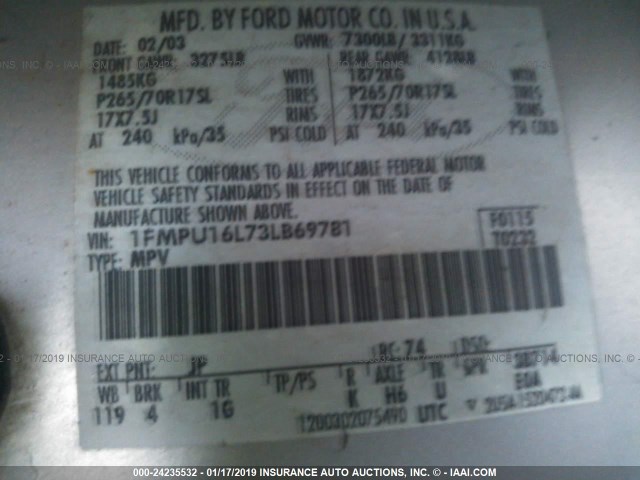 1FMPU16L73LB69781 - 2003 FORD EXPEDITION XLT SILVER photo 9