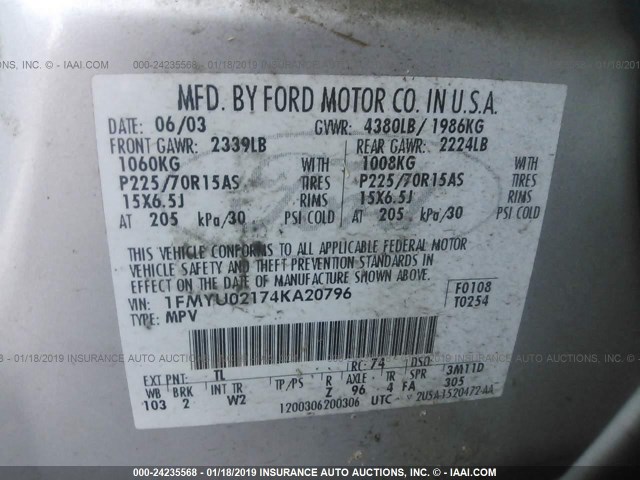 1FMYU02174KA20796 - 2004 FORD ESCAPE XLS SILVER photo 9