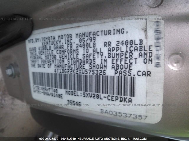 4T1BG22K2XU575326 - 1999 TOYOTA CAMRY CE/LE/XLE GOLD photo 9