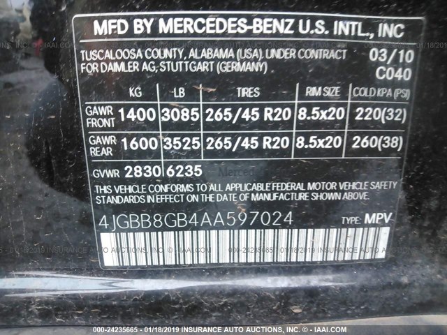4JGBB8GB4AA597024 - 2010 MERCEDES-BENZ ML 350 4MATIC BLACK photo 9