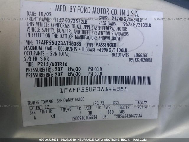 1FAFP55U23A146385 - 2003 FORD TAURUS SES GREEN photo 9