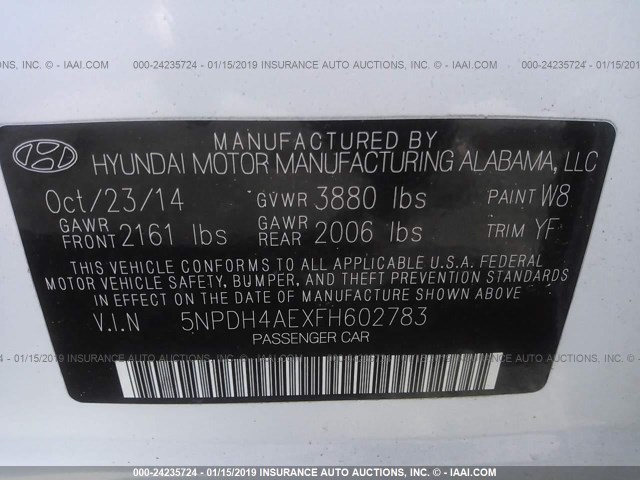 5NPDH4AEXFH602783 - 2015 HYUNDAI ELANTRA WHITE photo 9