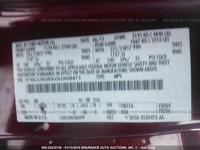 1FMCU9G9XGUA08471 - 2016 FORD ESCAPE SE MAROON photo 9