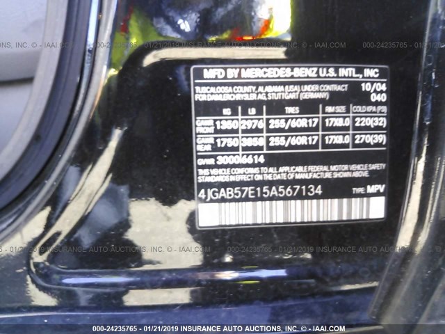 4JGAB57E15A567134 - 2005 MERCEDES-BENZ ML 350 BLACK photo 9